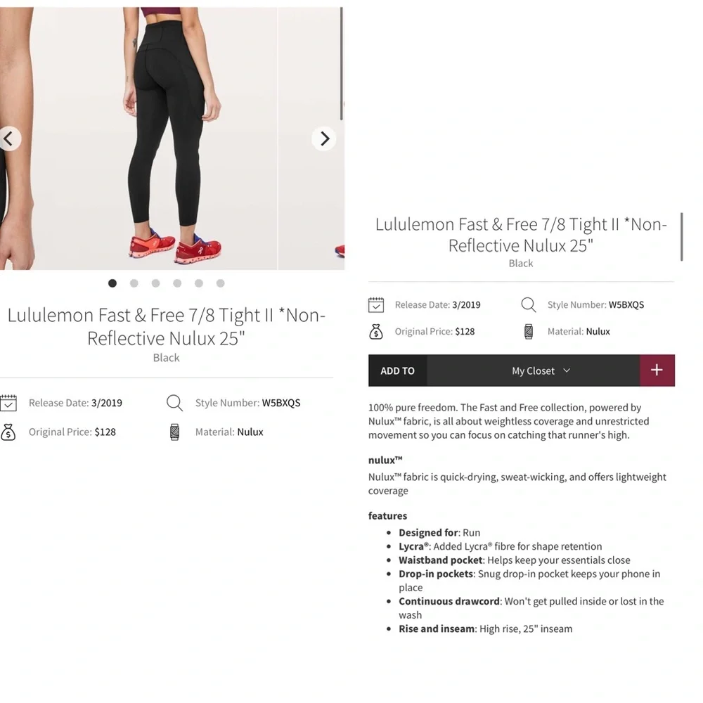 Lululemon Fast and Free 7/8 Tight 25” Black Size 4_7